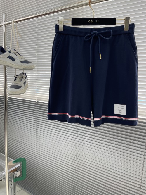Thom Browne Label Shorts - Navy Cotton Blend with Signature Striped Detail 1 Thom Browne Label Shorts - Navy Cotton Blend with Signature Striped Detail