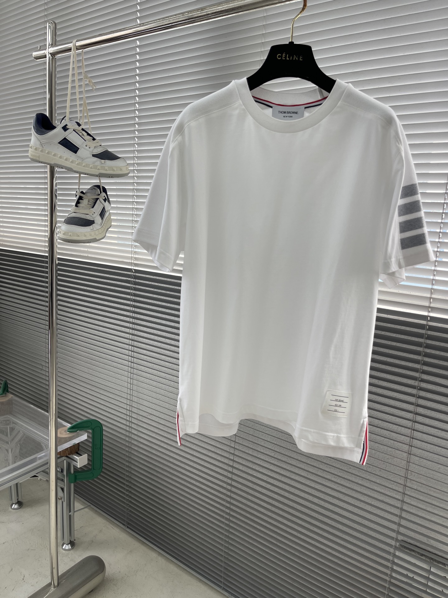 Thom Browne White Cotton T-Shirt with Four-Bar Stripe Detail on the Sleeve