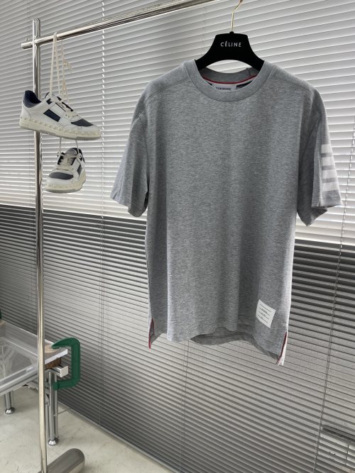 Thom Browne Grey Cotton Pique Short Sleeve T-Shirt with 4-Bar Stripe 1 Thom Browne Grey Cotton Pique Short Sleeve T-Shirt with 4-Bar Stripe