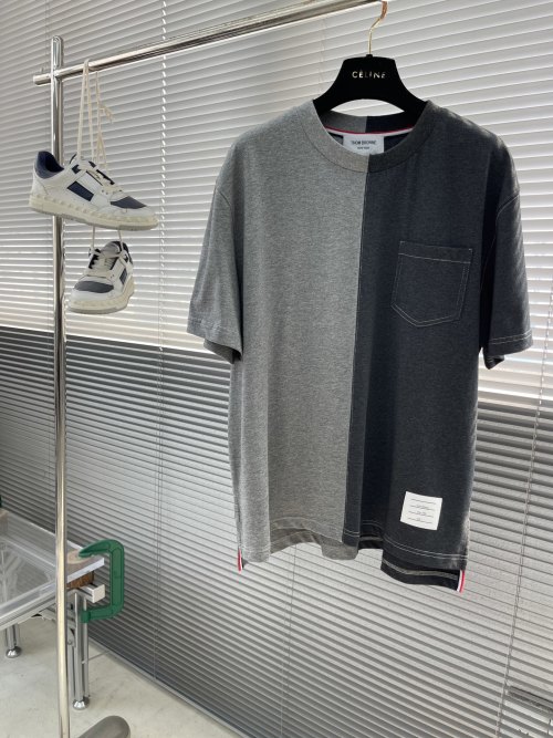 Thom Browne Colorblock Cotton T-Shirt with Chest Pocket and Signature Stripes 1 Thom Browne Colorblock Cotton T-Shirt with Chest Pocket and Signature Stripes