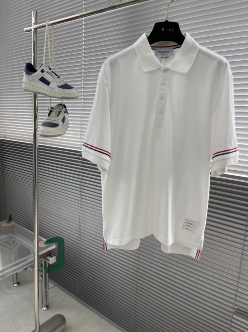 Thom Browne White Polo Shirt with Tricolor Armbands & High-Density Cotton 1 Thom Browne White Polo Shirt with Tricolor Armbands & High-Density Cotton
