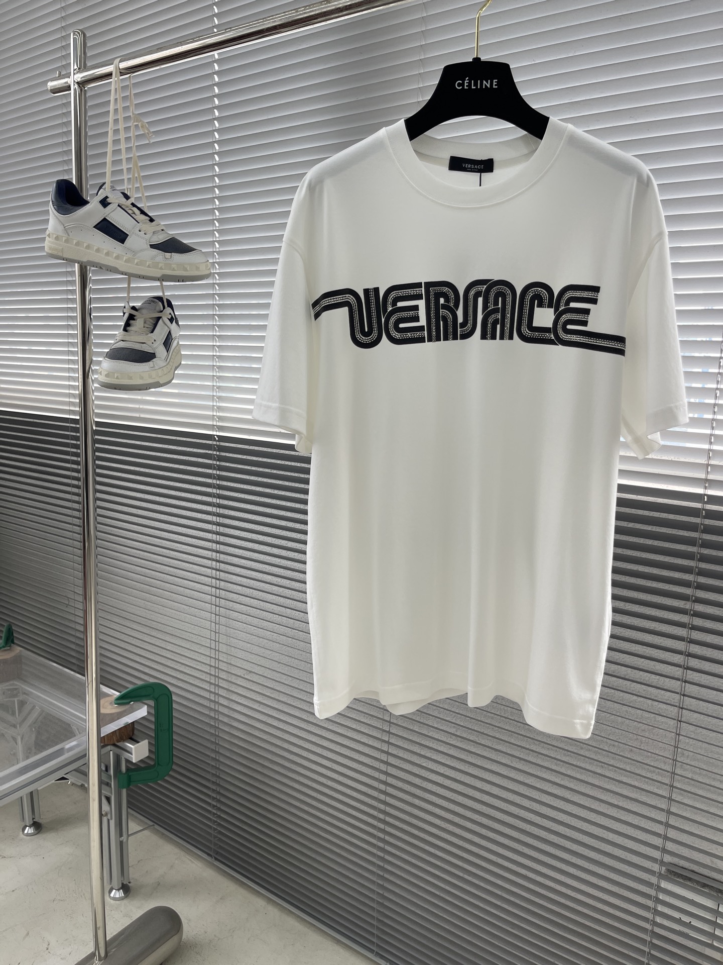 Versace Men's White Round Neck T-Shirt with Rhinestone Logo - Premium Cotton