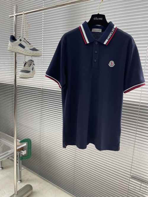 Moncler Men's Classic Fit Pique Polo Shirt with Tricolor Trim - Navy Blue 1 Moncler Men's Classic Fit Pique Polo Shirt with Tricolor Trim - Navy Blue
