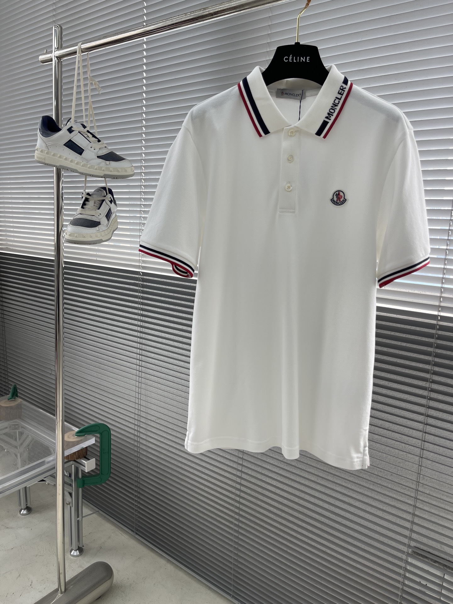 Moncler Men's White Polo Shirt with Tricolor Trim and Logo Patch, Classic Fit