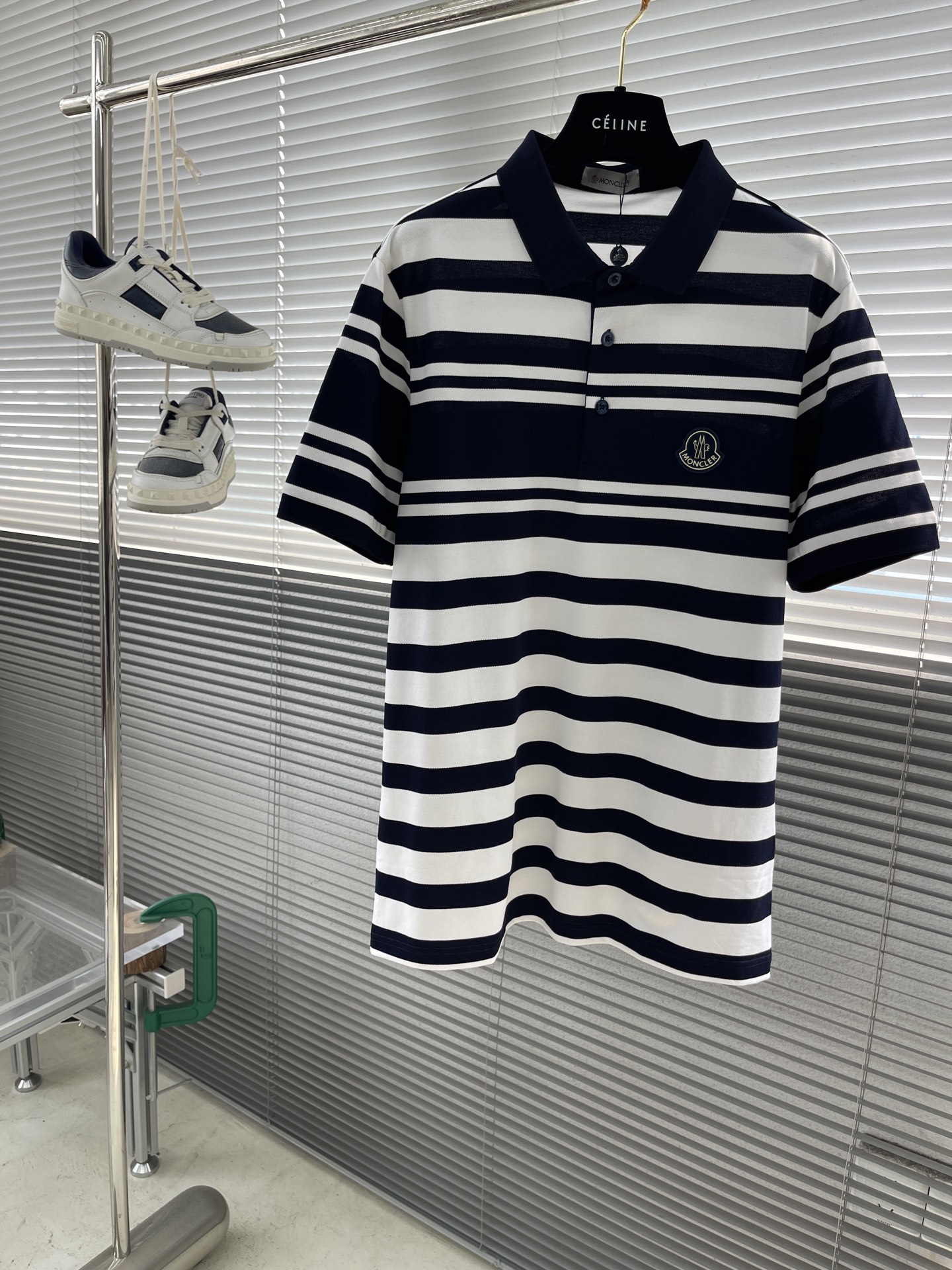Moncler Men's Navy Blue Striped Polo Shirt, Short Sleeve, Casual Cotton Fabric
