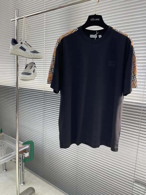 Burberry Round Neck Short Sleeve T-Shirt with Checkered Shoulder Panels 1 Burberry Round Neck Short Sleeve T-Shirt with Checkered Shoulder Panels