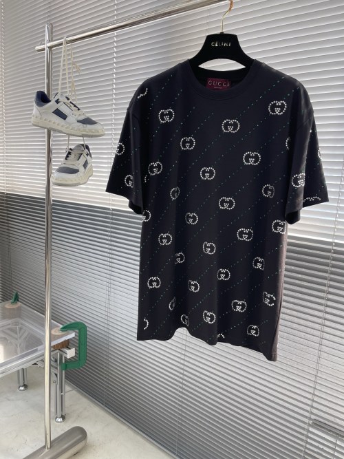Gucci Crystal GG Logo Cotton T-Shirt - Short Sleeve, Round Neck 1 Gucci Crystal GG Logo Cotton T-Shirt - Short Sleeve, Round Neck