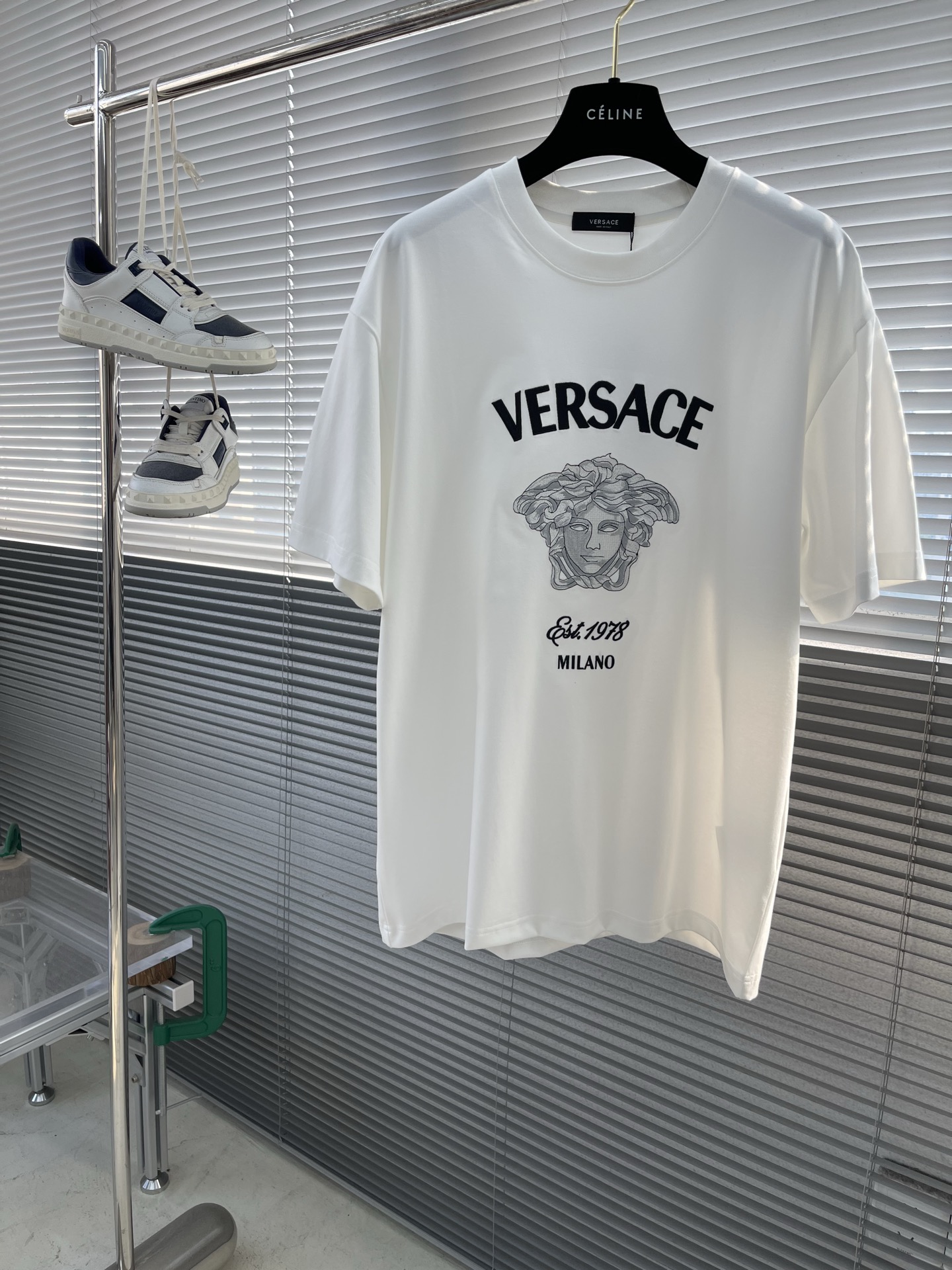 Versace 2025 Short Sleeve T-Shirt with Embroidered Logo, White Cotton