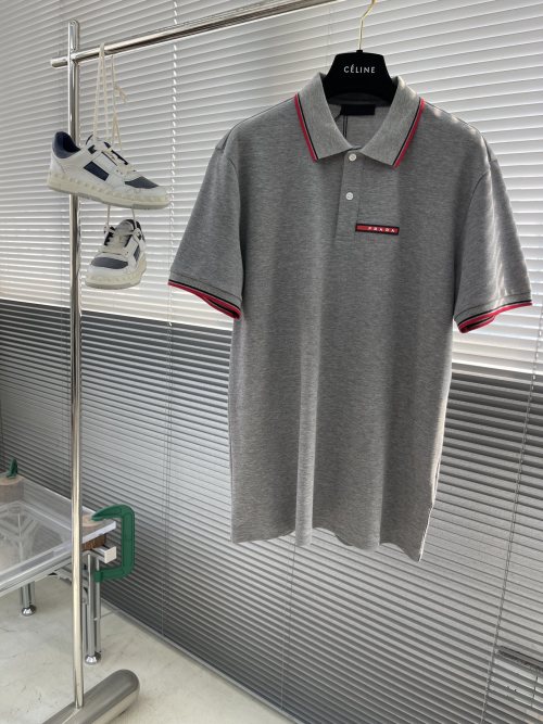 Prada Men's Gray Polo Shirt - Short Sleeve, Pique Fabric, Contrast Trim, Logo 1 Prada Men's Gray Polo Shirt - Short Sleeve, Pique Fabric, Contrast Trim, Logo