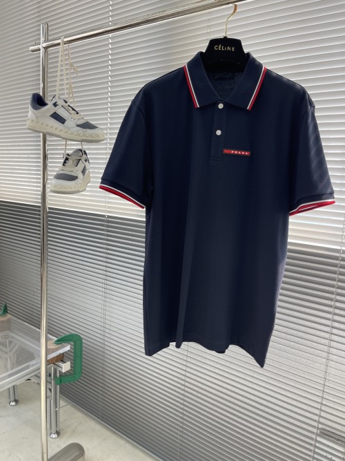 Prada Men's Navy Blue Pique Polo Shirt with Contrasting Trim 1 Prada Men's Navy Blue Pique Polo Shirt with Contrasting Trim