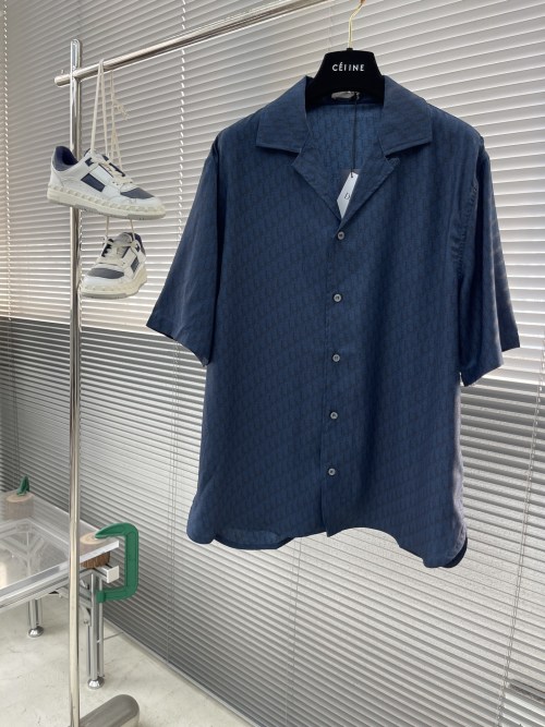 Dior Oblique Printed Short-Sleeve Shirt - Silk and Cotton Blend - Navy Blue 1 Dior Oblique Printed Short-Sleeve Shirt - Silk and Cotton Blend - Navy Blue