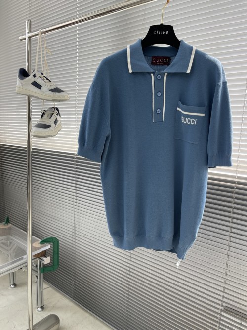 Gucci Slim-Fit Light Blue Wool Cashmere Blend Polo Shirt with Pocket 1 Gucci Slim-Fit Light Blue Wool Cashmere Blend Polo Shirt with Pocket