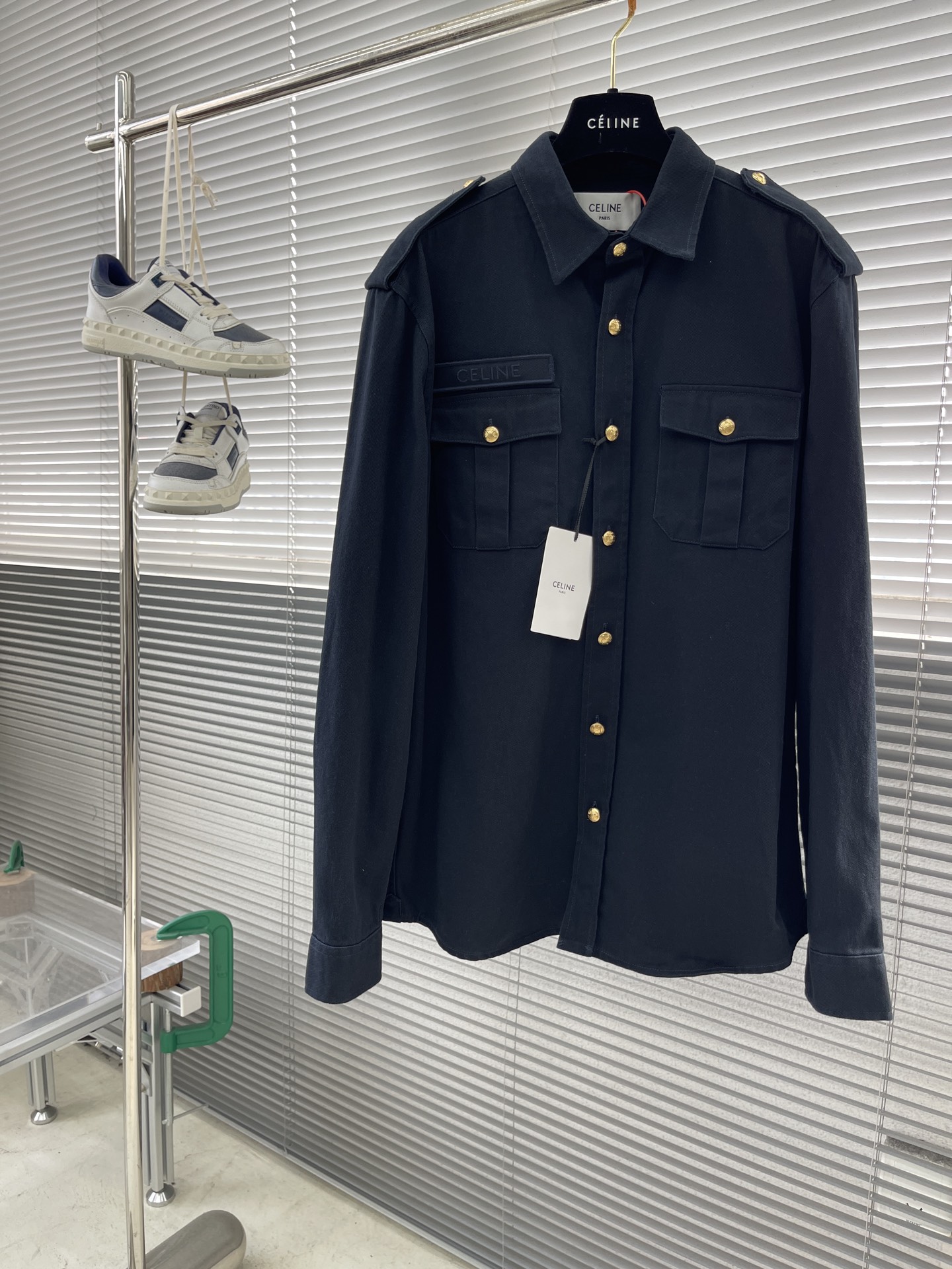 CELINE Men's Custom Dark Blue Shirt Jacket with Golden Buttons