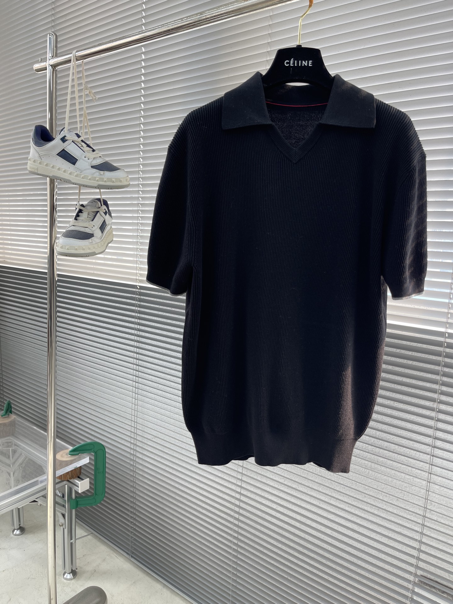 Celine Men's Cotton Knit Polo Shirt Short Sleeve Hollow Out-Comfortable