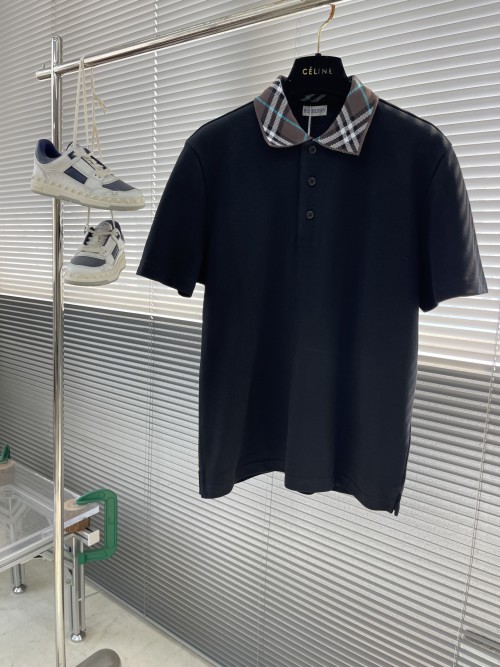 Burberry Men's Black Cotton Polo Shirt with Check Knit Collar 1 Burberry Men's Black Cotton Polo Shirt with Check Knit Collar
