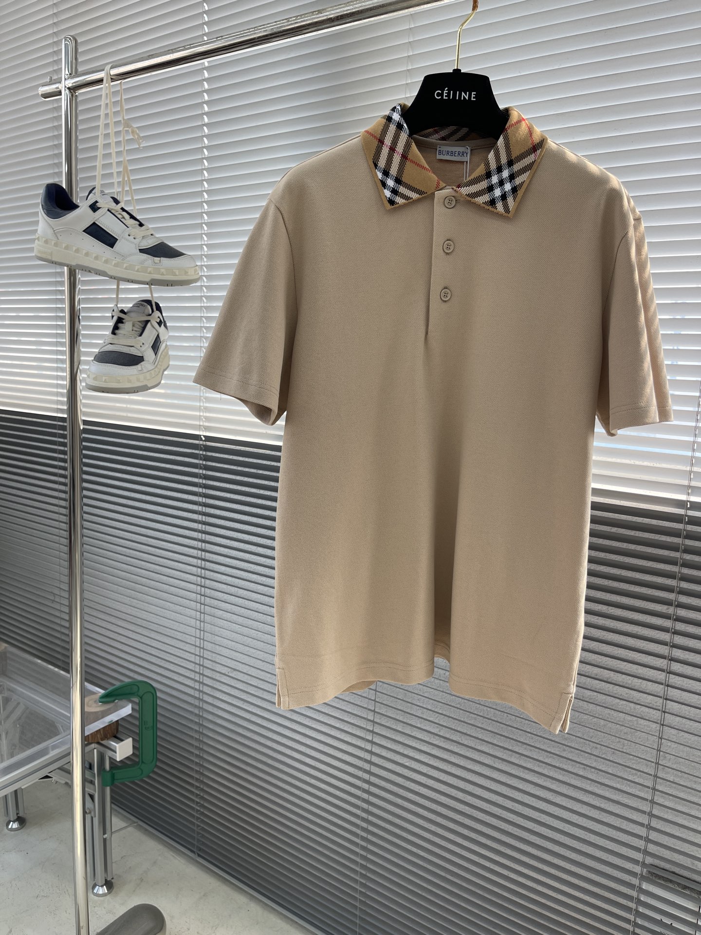 Burberry Men's Beige Polo Shirt with Check Collar - Slim Fit