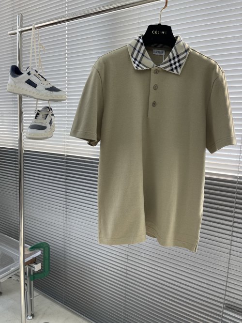 Burberry Men's Beige Polo Shirt with Check Collar, Short Sleeve Casual Top 1 Burberry Men's Beige Polo Shirt with Check Collar, Short Sleeve Casual Top