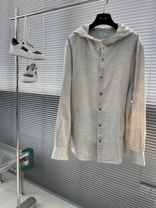 Kiton Men's Linen Hooded Shirt - Lightweight, Breathable, Red Button Accents 1 Kiton Men's Linen Hooded Shirt - Lightweight, Breathable, Red Button Accents