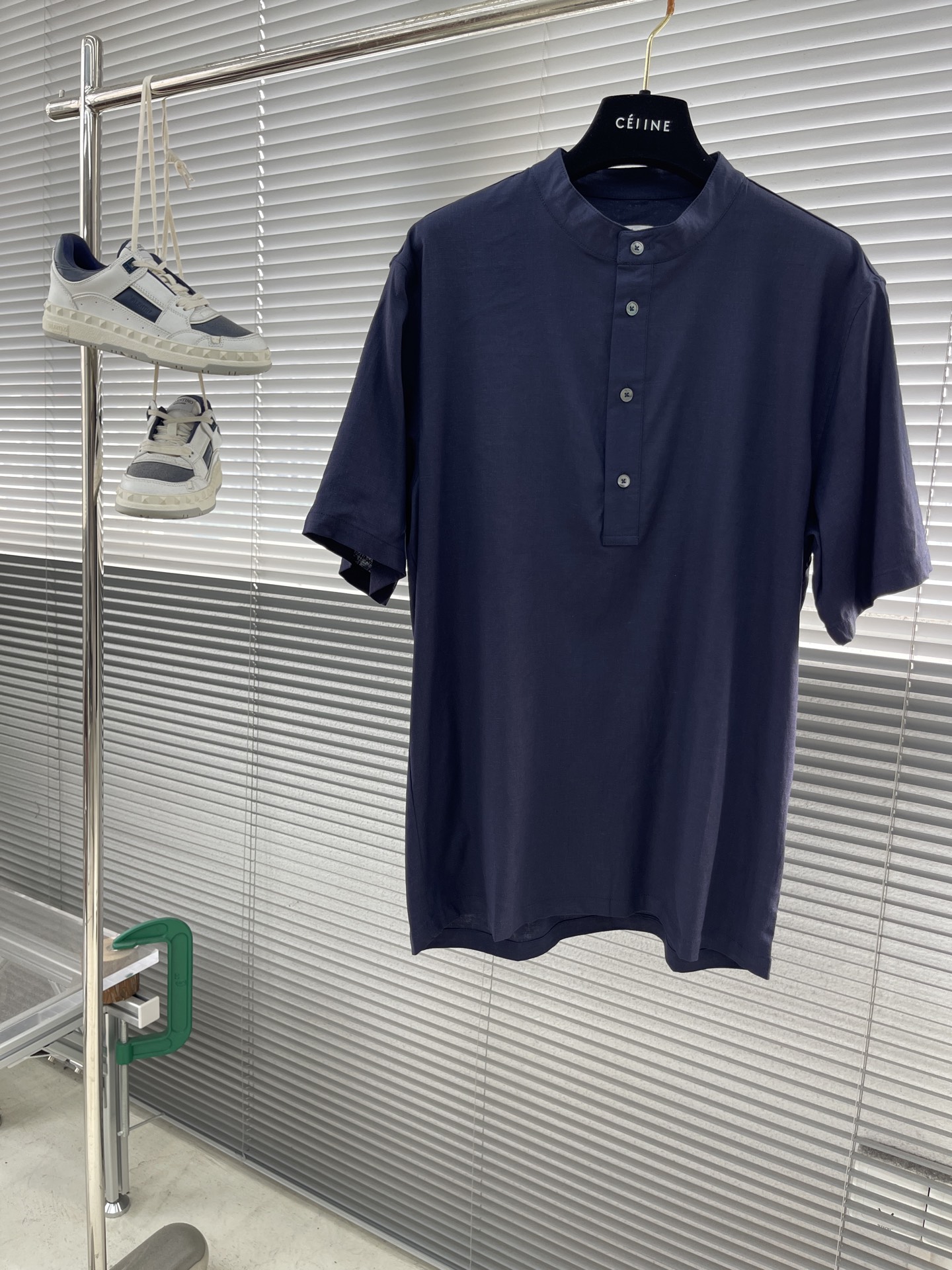 Loro Piana Short Sleeve Linen Shirt Stand Collar Breathable Summer Top