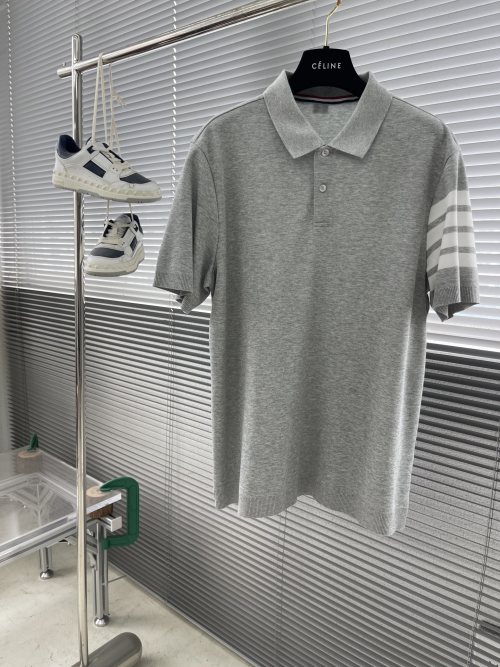Celine Men's Gray Cotton Blend Polo Shirt with Striped Sleeve Detail 1 Celine Men's Gray Cotton Blend Polo Shirt with Striped Sleeve Detail