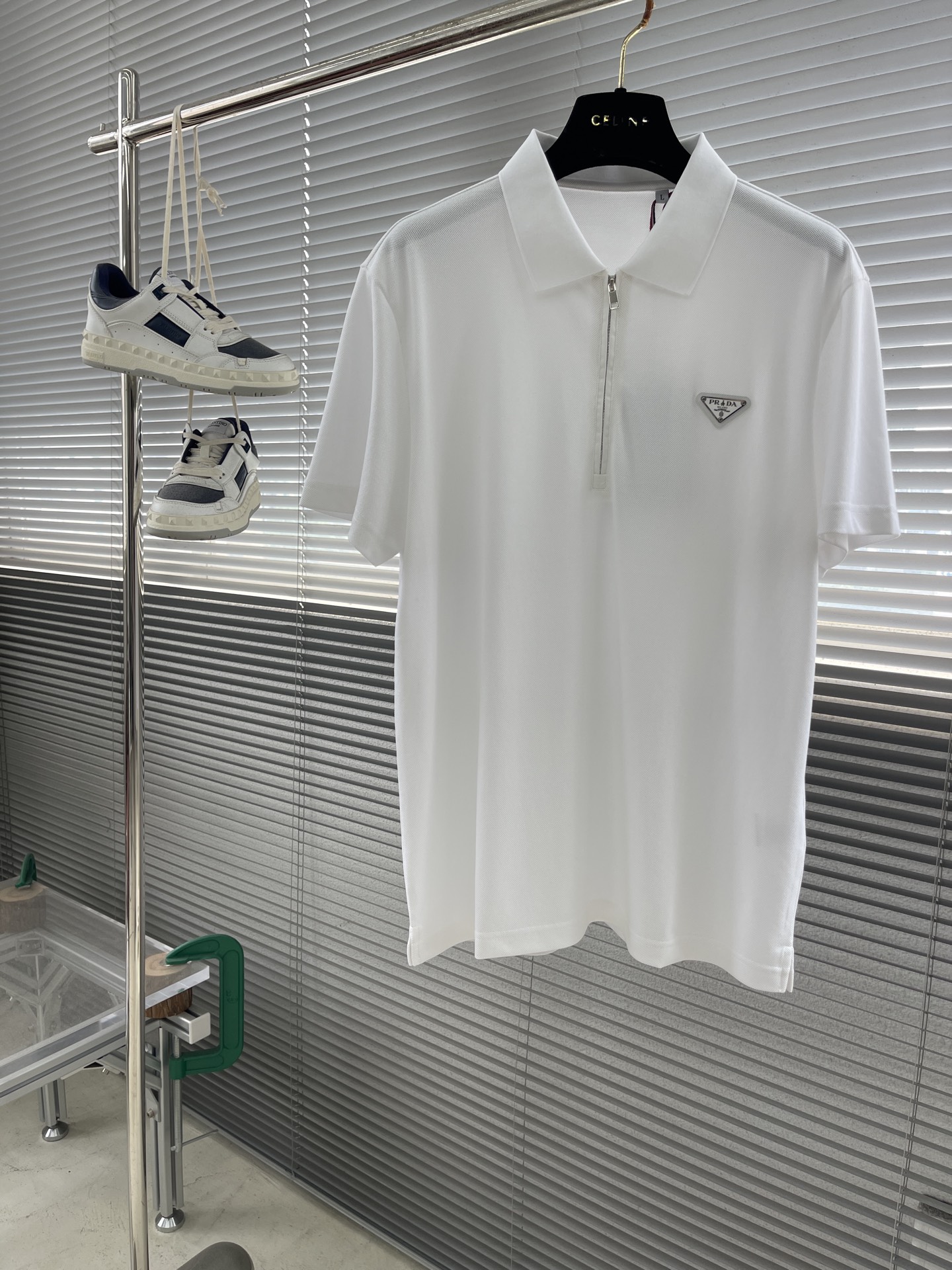 Prada Men's White Polo Shirt Classic Triangle Logo Half Zipper Cotton Short Sleeve