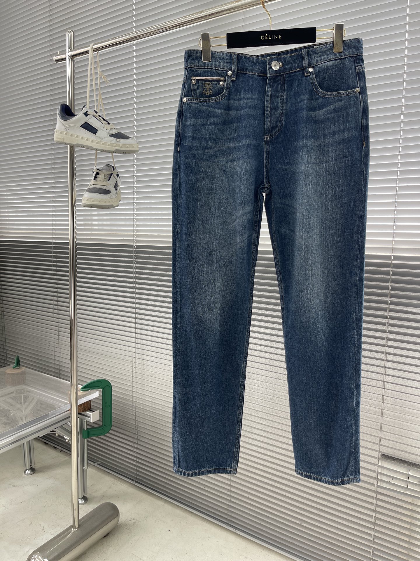 Brunello Cucinelli Dark Blue Five-Pocket Jeans | Embroidered Logo & Leather Patch