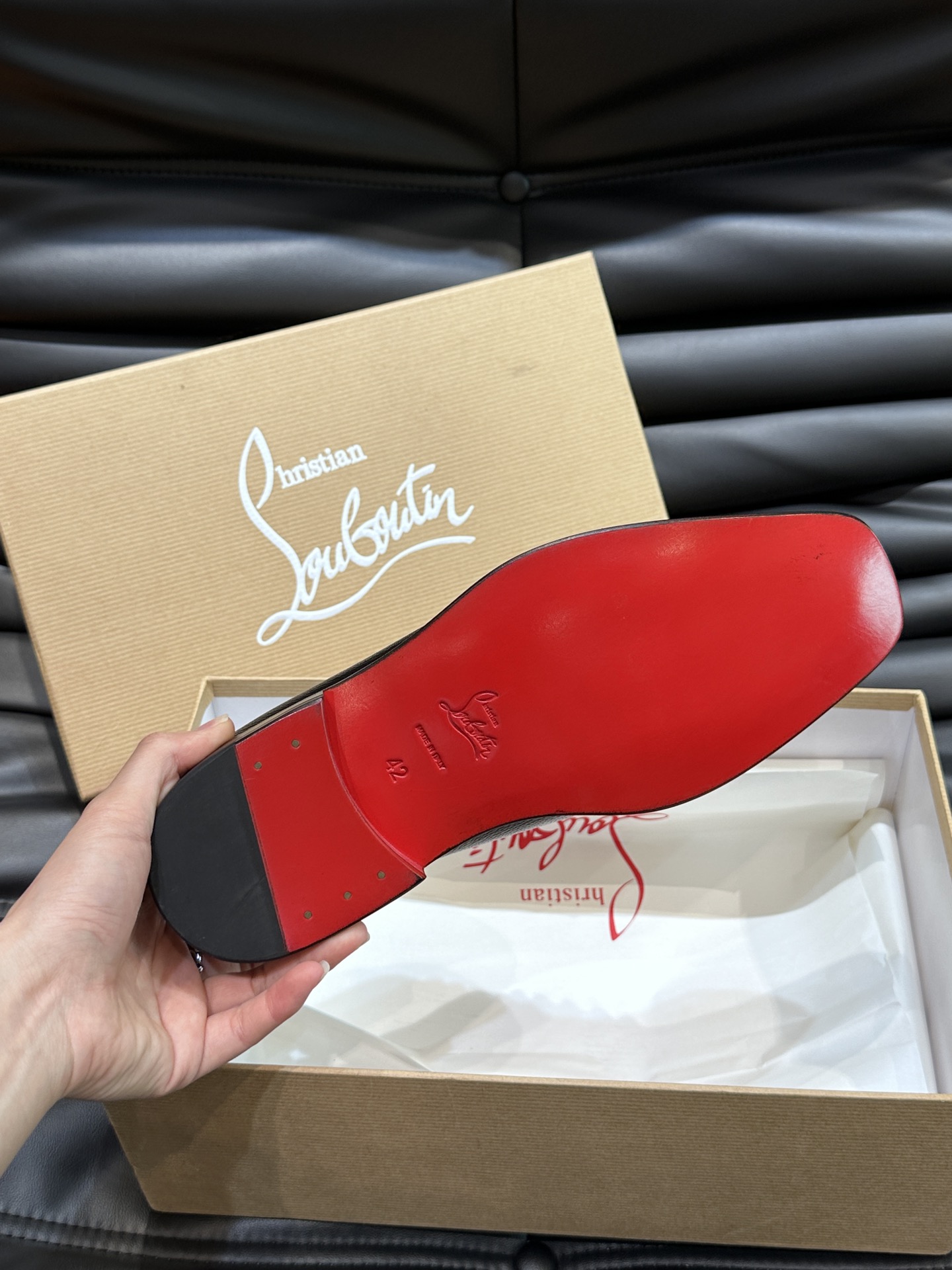 Christia*.Loubouti*高端男士商务正装皮鞋原版真牛皮大红底意大利进口牛皮大底头层牛皮水染