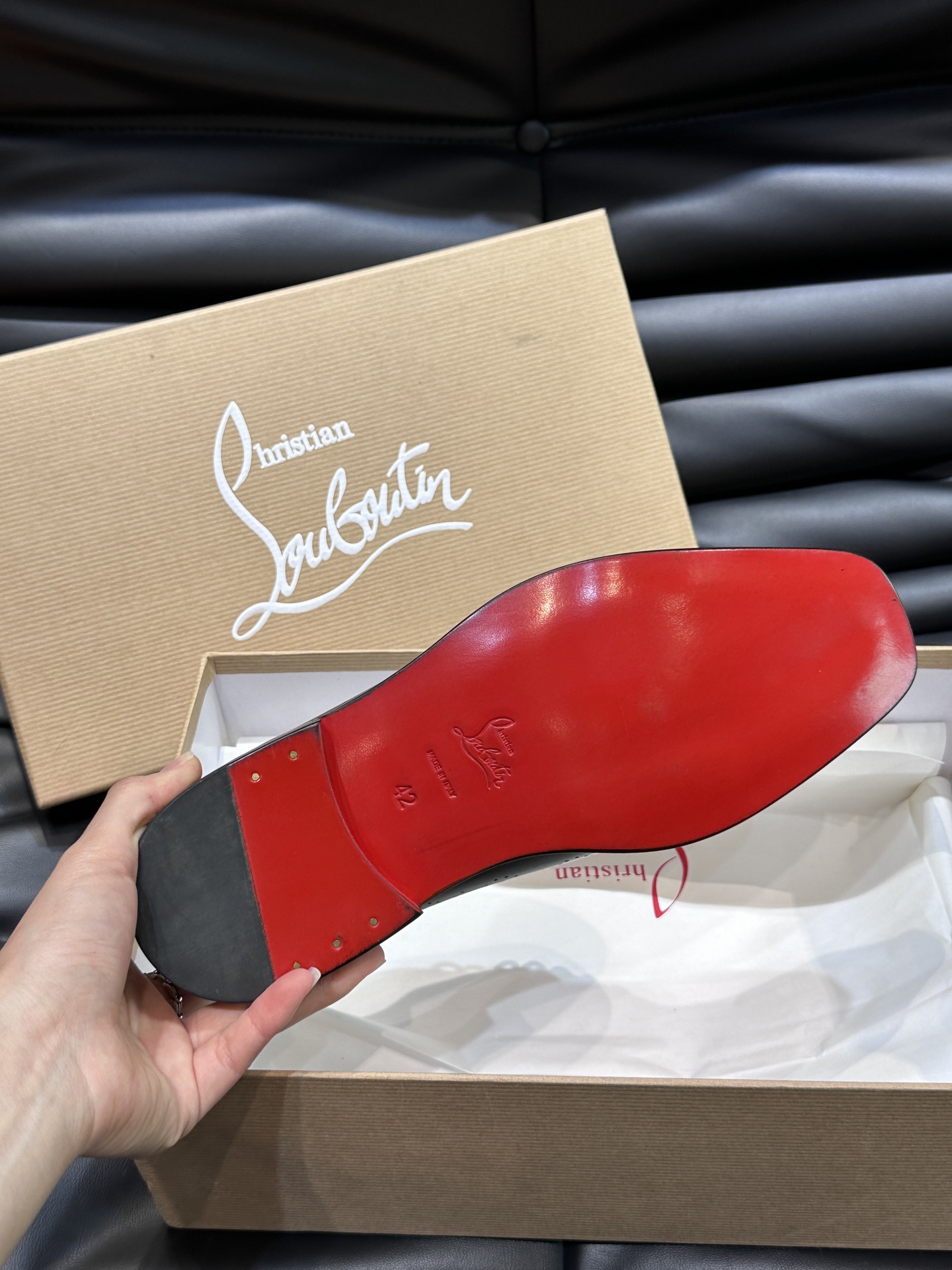 Christia*.Loubouti*高端男士商务正装皮鞋原版真牛皮大红底意大利进口牛皮大底头层牛皮水染