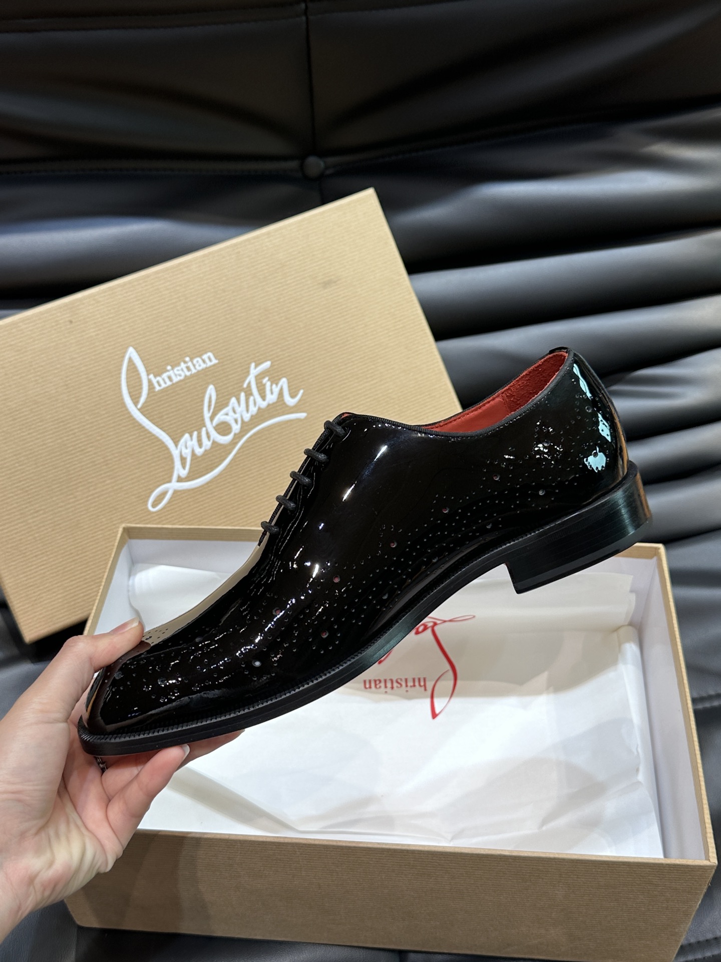 Christia*.Loubouti*高端男士商务正装皮鞋原版真牛皮大红底意大利进口牛皮大底头层牛皮水染