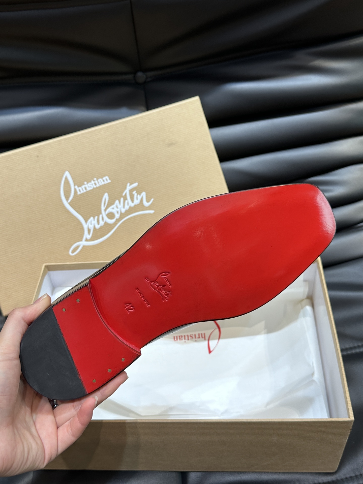 Christia*.Loubouti*高端男士商务正装皮鞋原版真牛皮大红底意大利进口牛皮大底头层牛皮水染