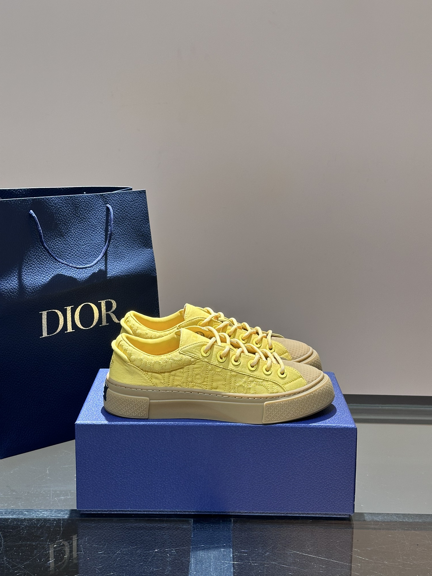 Dior Shoes Sneakers Yellow Printing Cowhide Rubber Oblique Casual