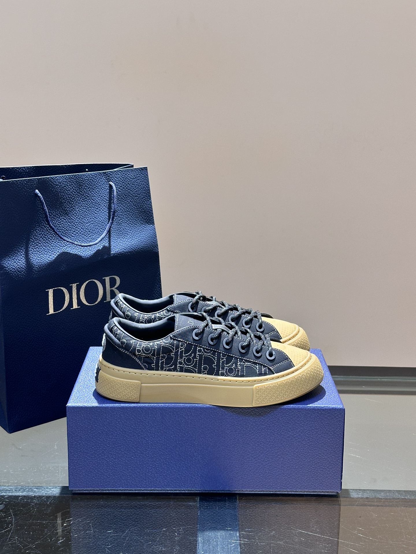 Dior Shoes Sneakers Yellow Printing Cowhide Rubber Oblique Casual