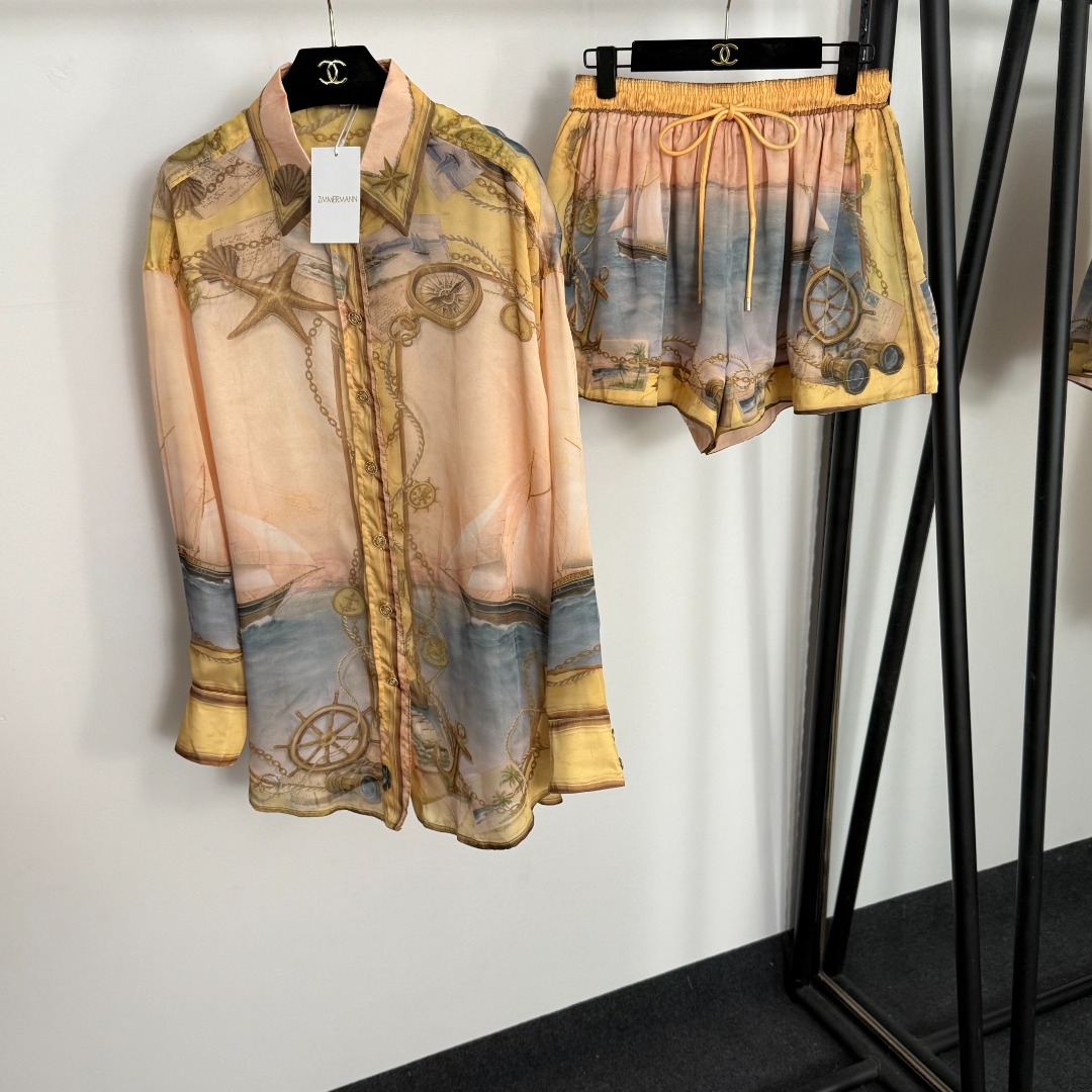 NO:754919,Model No. 20254825 Zimmermann's new suit, nautical sailing seafood printed long-sleeved shirt + casual shorts, apricot, S-XL, [M size; shoulder width 57, chest 126, sleeve length 54, length 76; waist 68 elastic, length 38; weight 0.270kg], Zimmermann-clothing, shorts,19860909款号20254825 Zimmermann新款套装,航海帆船海鲜印花长袖衬衣+休闲短裤,杏色,S-XL,【M码；肩宽57,胸围126,袖长54,衣长76；腰围68弹力,长38；重量0.270kg】,兹默曼-服装,shorts,,Women's clothing