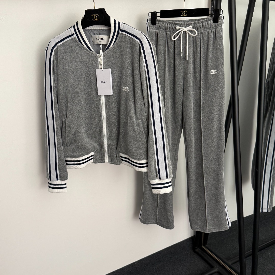 Celine Velvet Tracksuit: Embroidered Logo, Striped Detail - Stylish Loungewear 2 o 1j6mub42ko5cf0g1ke11nkuobc3t