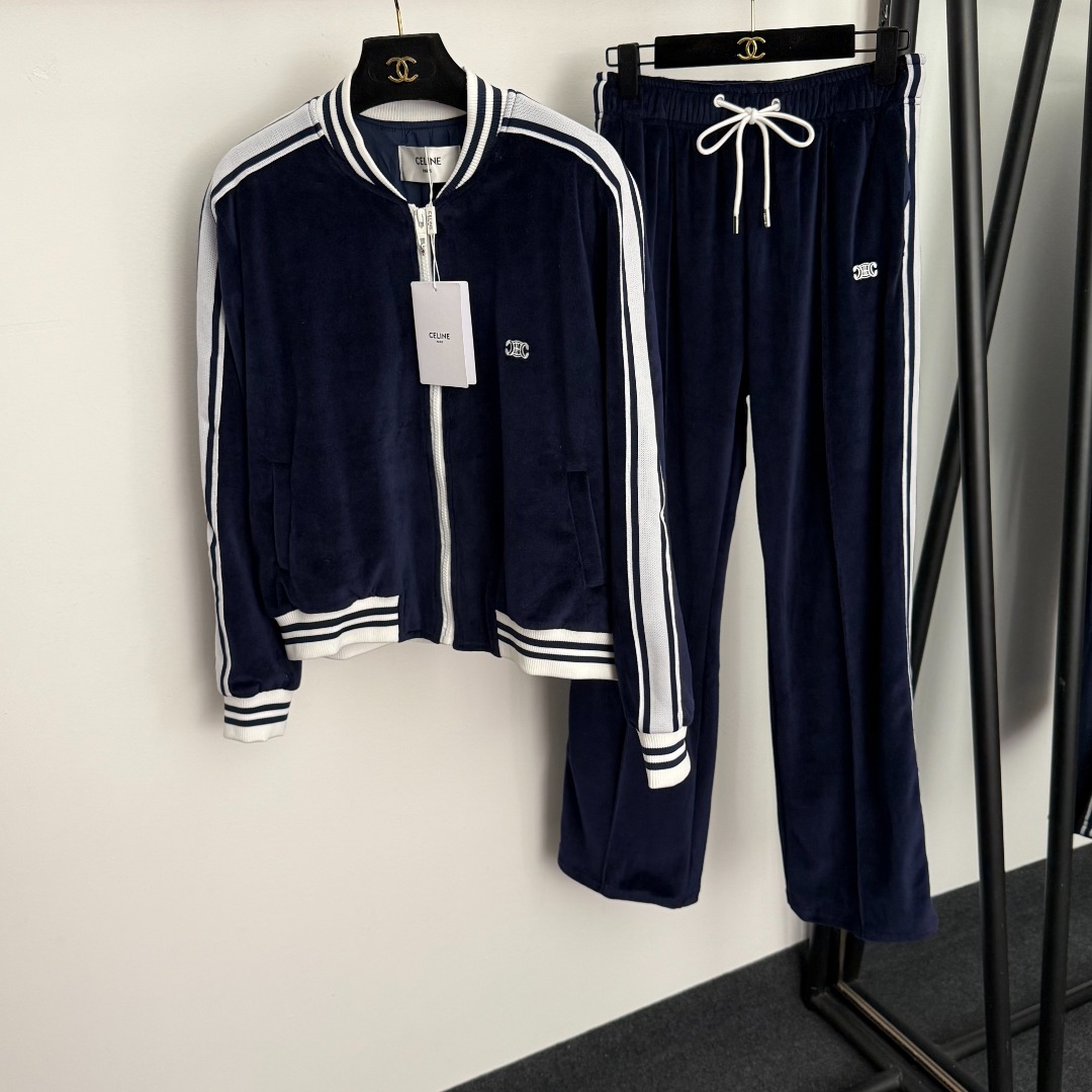 Celine Velvet Tracksuit: Embroidered Logo, Striped Detail - Stylish Loungewear 3 o 1j6mub69e18ddsatkjp1iqa6ak3v