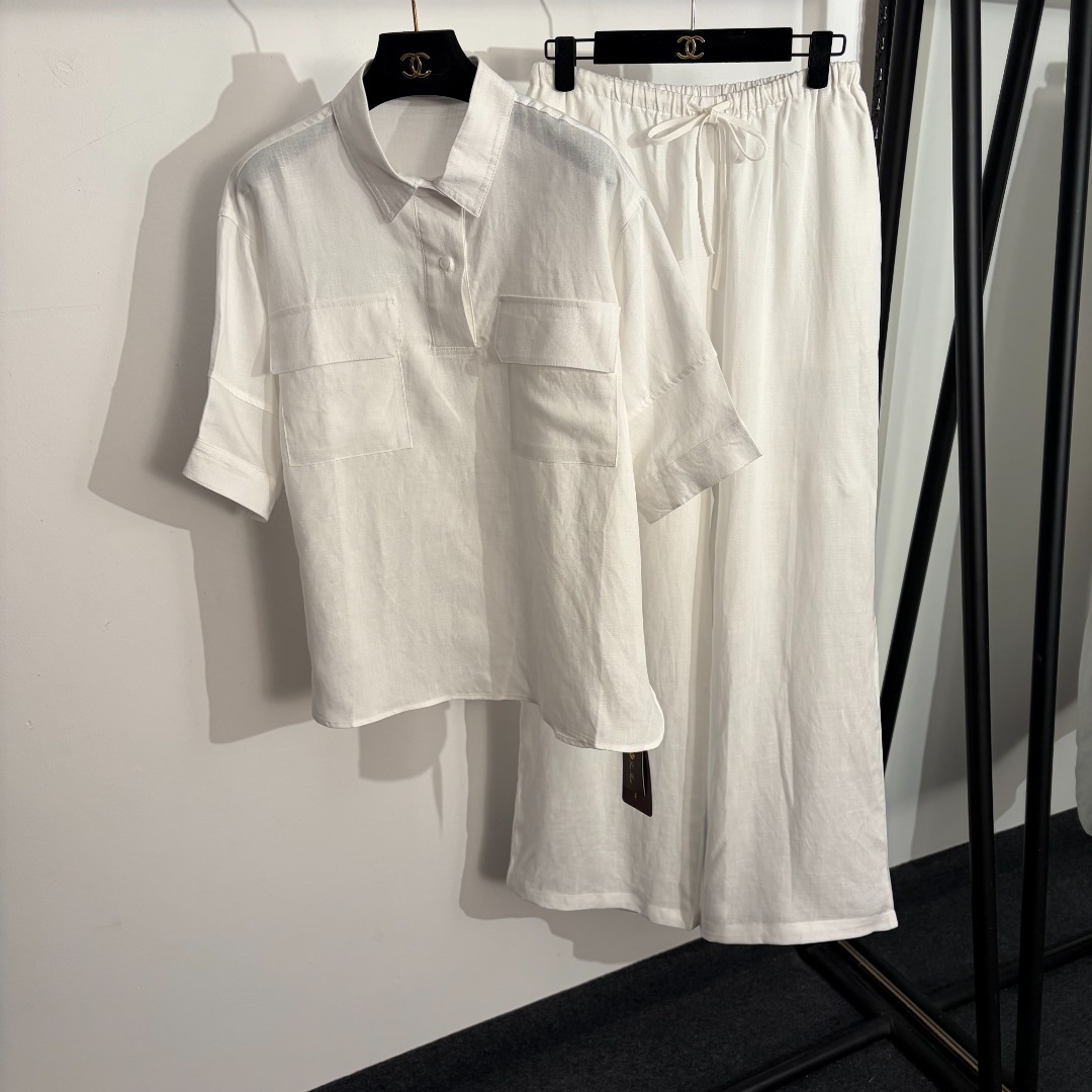 NO:779166,Model No. 20262524 Loro Piana*LP new linen suit, half-buttoned short-sleeved shirt with chest pockets + elastic waist wide-leg trousers, white, navy blue, yellow, sky blue, dark brown, apricot, SML, [M size shoulder width 48, bust 130, sleeve length 26, length 64-66; waist 68 elastic, length 108; weight 0.650kg], women's clothing, loro piana, loro  piana,T-shirt,19860909款号20262524 Loro Piana*LP新款亚麻套装,胸前口袋半开扣短袖衬衣+松紧腰阔腿长裤,白色,藏蓝色,黄色,天蓝色,深咖色,杏色,SML,【M码肩宽48,胸围130,袖长26,长64-66；腰围68弹力,长108；重量0.650kg】,女装,loro piana,loro piana,T-shirt,,Women's clothing
