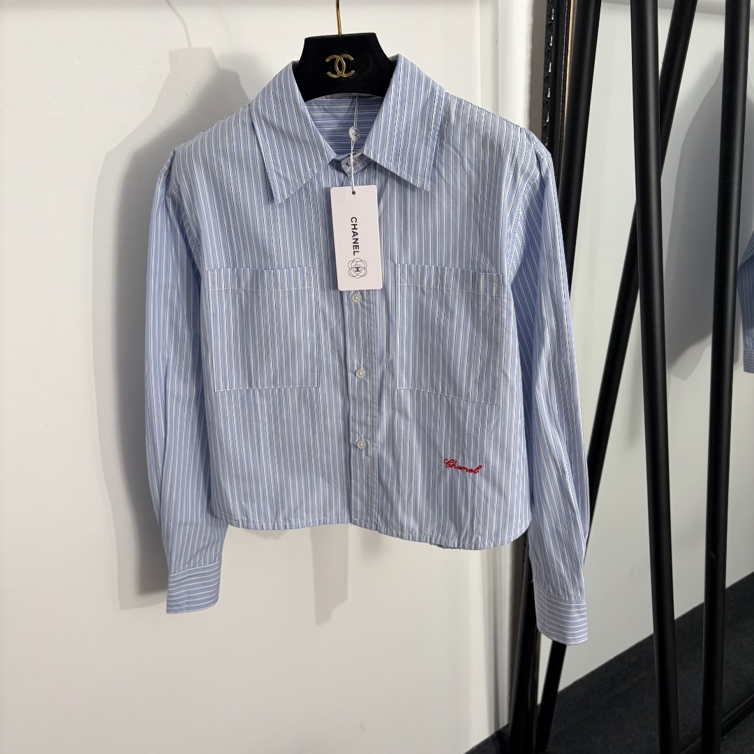 chanel logo embroidered pocket striped shirt