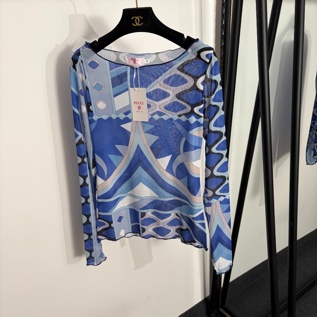 NO:858243,Model No. 20263929 Pucc*New Irregular Color Block Printed Mesh Long Sleeve Bottoming Top, Blue, S-XXL, [M size shoulder width 37, bust 82, sleeve length 67, length 60; weight 0.90kg], women's clothing,19860909款号20263929 Pucc*新款 不规则拼色印花网纱长袖打底衫 上衣,蓝色,S-XXL,【M码肩宽37,胸围82,袖长67,长60；重量0.90kg】,女装,,Women's clothing