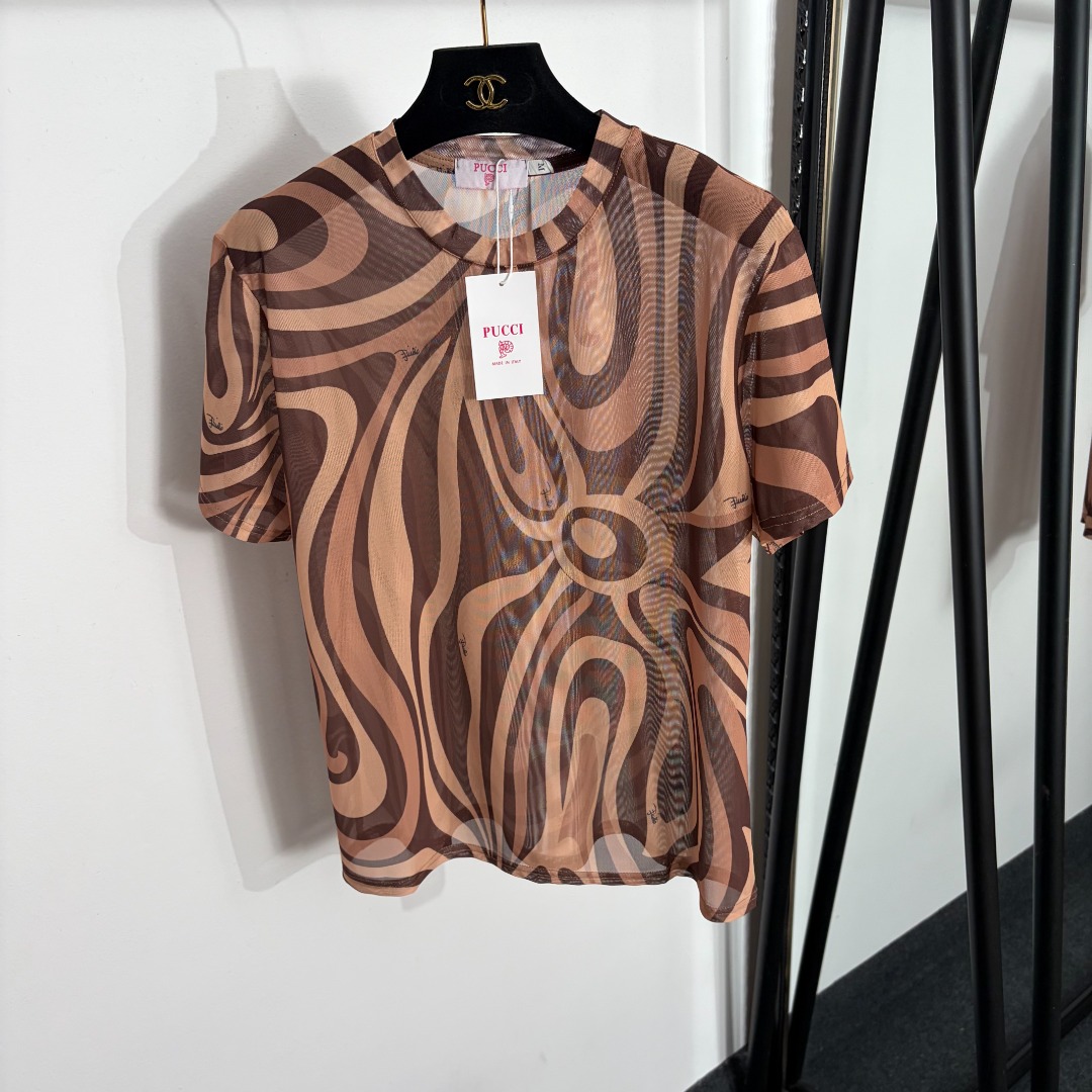 NO:858254,Model No. 20263930 Pucc* new irregular ripple printed mesh short-sleeved T-shirt, coffee color, S-XXL, [M size shoulder width 41, bust 102, sleeve length 19, length 61; weight 0.95kg], women's clothing, T-shirt, tees, t-shirt,19860909款号20263930 Pucc*新款 不规则波纹印花网纱短袖T恤,咖色,S-XXL,【M码肩宽41,胸围102,袖长19,长61；重量0.95kg】,女装,T-shirt,tees，t-shirt,,Women's clothing