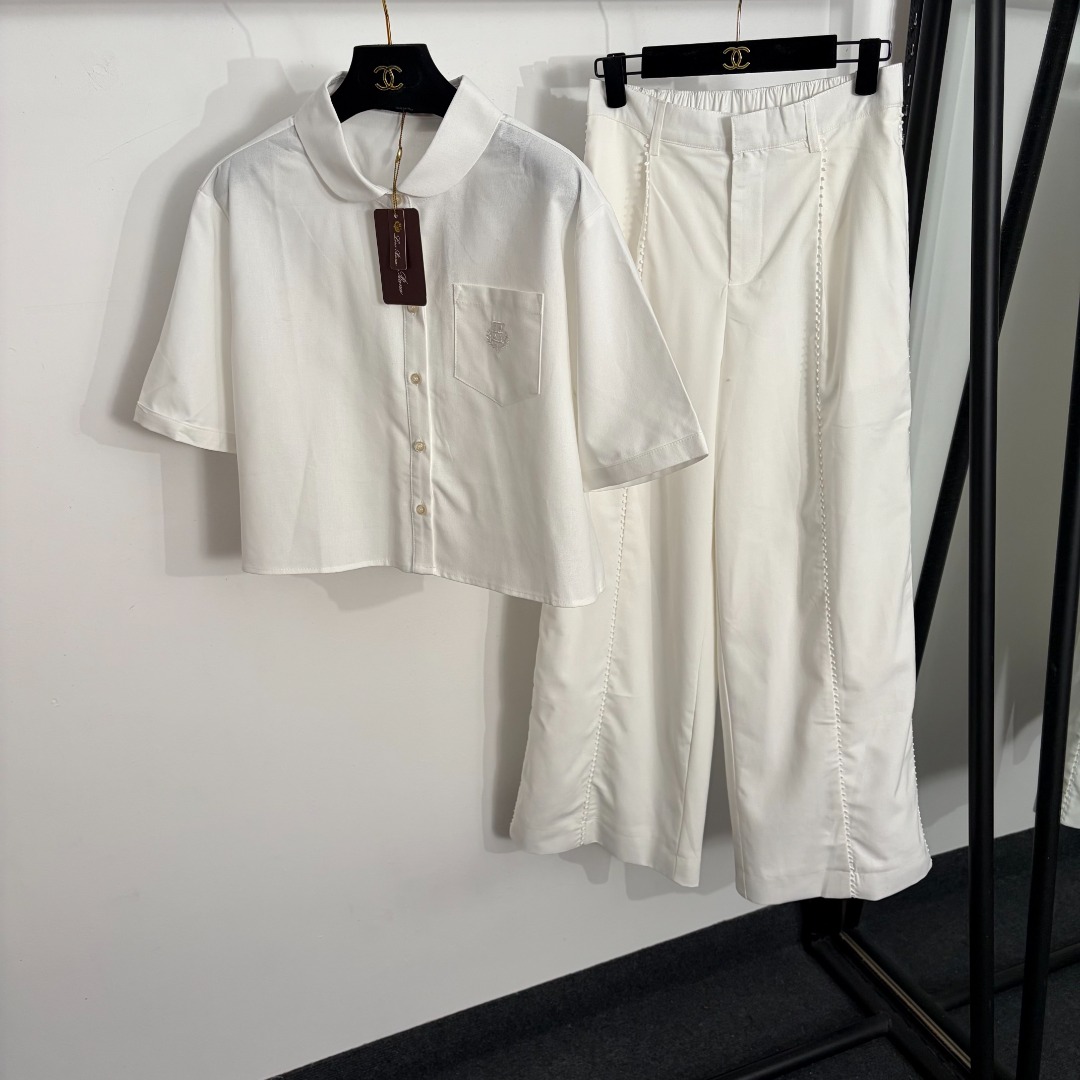 NO:873342,Model No. 20264413 Loro Piana*LP new linen suit, embroidered single pocket doll collar short-sleeved shirt + high-waisted wide-leg trousers, white, apricot, SML, [M size shoulder width 46, bust 112, sleeve length 25, length 47; waist 68 elastic, length 105; weight 0.780kg], women's clothing, loro piana, loro piana, T-shirt,19860909款号20264413 Loro Piana*LP新款亚麻套装,刺绣单口袋娃娃领短袖衬衣+高腰阔腿长裤,白色,杏色,SML,【M码肩宽46,胸围112,袖长25,长47；腰围68弹力,长105；重量0.780kg】,女装,loro piana,loro piana,T-shirt,,Women's clothing