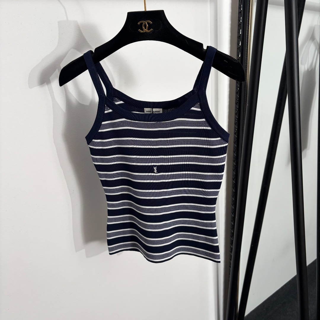 NO:885402,Style number 20264544 YSL* new letter embroidered striped knitted camisole, navy blue, [One size fits all bust 68, length 50; weight 0.115kg], Saint Laurent-Clothing, saint laurent, saint laurent,19860909款号20264544 YSL*新款 字母刺绣条纹针织吊带背心,藏蓝色,【均码胸围68,长50；重量0.115kg】,圣罗兰-服装,saint laurent,saint laurent,,Women's clothing