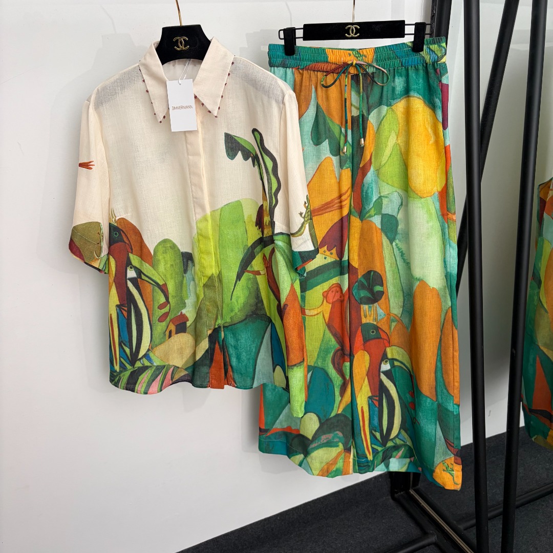 NO:923626,Model No. 20265320 Zimmermann's latest linen suit, artistic oil painting plant print beaded short-sleeved shirt + elastic waist wide-leg trousers, green, S-XL, [M size shoulder width 43, bust 114, sleeve length 28, length 69; waist 74 elastic, length 107; weight 0.515kg], Zimmermann-clothing, T-shirt,19860909款号20265320 Zimmermann*新款亚麻套装,艺术油画植物印花钉珠短袖衬衣+松紧腰阔腿长裤,绿色,S-XL,【M码肩宽43,胸围114,袖长28,长69；腰围74弹力,长107；重量0.515kg】,兹默曼-服装,T-shirt,,Women's clothing