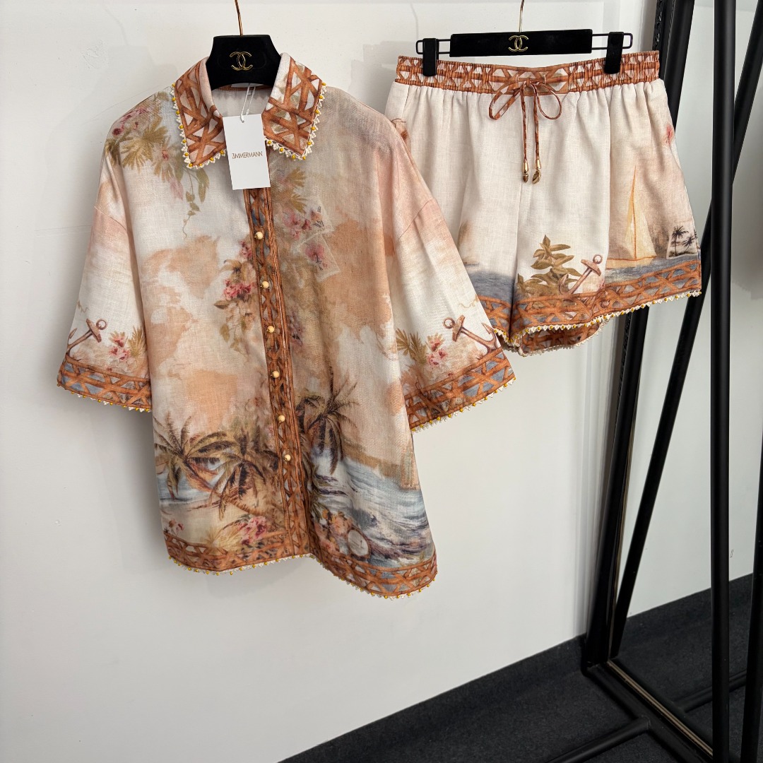 NO:923588,Model No. 20265414 Zimmermann's latest linen suit, vacation style coconut print short-sleeved shirt + shorts, white, S-XL, [L size shoulder width 56, bust 128, sleeve length 26, length 71; waist 78 elastic, length 39; weight 0.615kg], Zimmermann-clothing, shorts, T-shirt,19860909款号20265414 Zimmermann*新款亚麻套装,度假风椰树印花短袖衬衣+短裤,白色,S-XL,【L码肩宽56,胸围128,袖长26,长71；腰围78弹力,长39；重量0.615kg】,兹默曼-服装,shorts,T-shirt,,Women's clothing