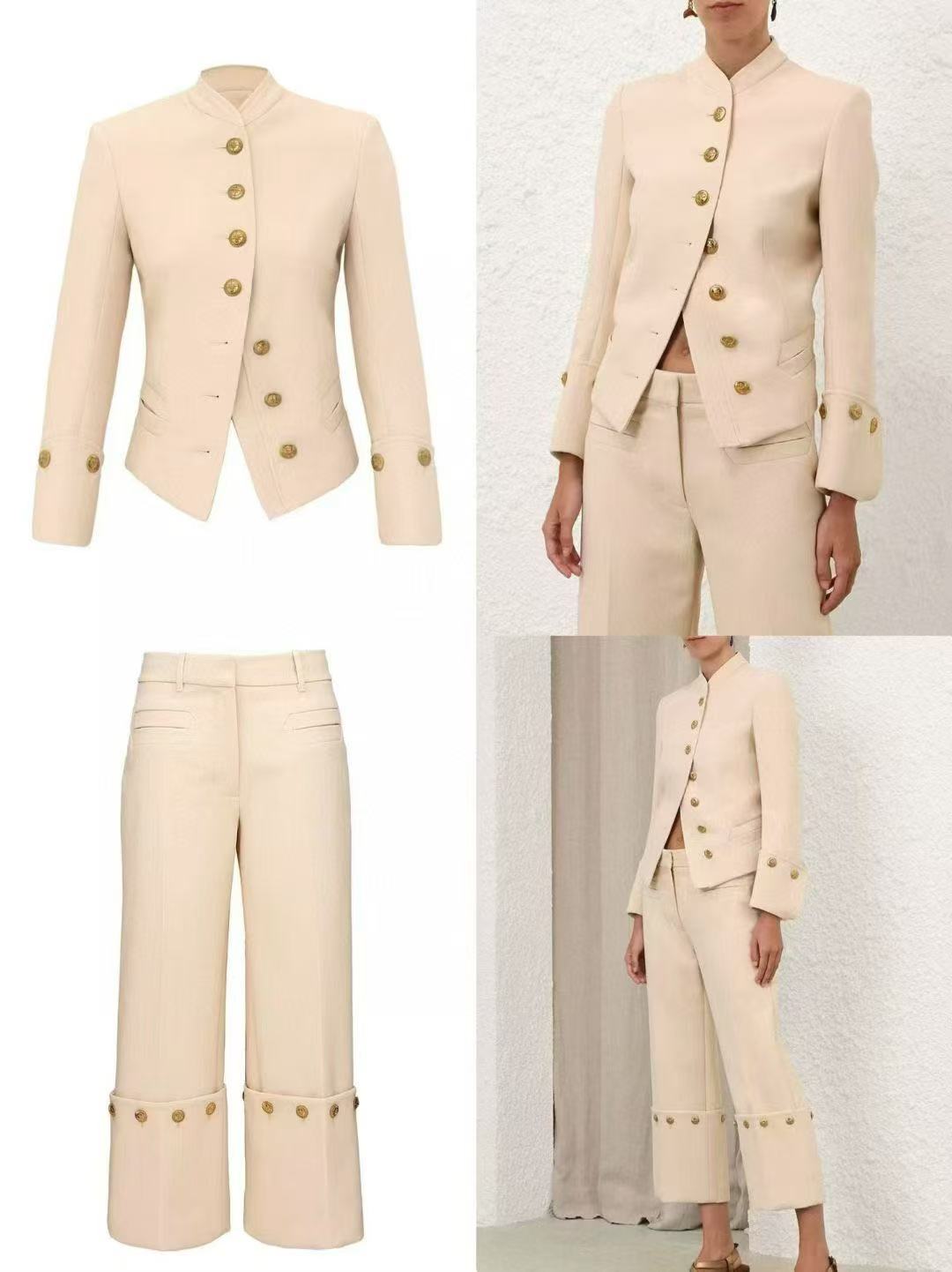 NO:933101,Model No. 20265729 Zimmermann's latest suit, single-row gold button stand-up collar long-sleeved jacket + fashionable rolled-leg straight trousers, off-white, black, S-XL, [S size shoulder width 40, bust 90, sleeve length 60, length 56; weight 0.680kg; waist 68, trouser length 93; weight 0.685kg], Zimmermann - Clothing, jackets & coats,19860909款号20265729 Zimmermann*新款套装,单排金扣立领长袖外套+时尚卷裤腿直筒长裤,米白色,黑色,S-XL,【S码肩宽40,胸围90,袖长60,长56；重量0.680kg；腰围68,裤长93；重量0.685kg】,兹默曼-服装,jackets & coats,,Women's clothing