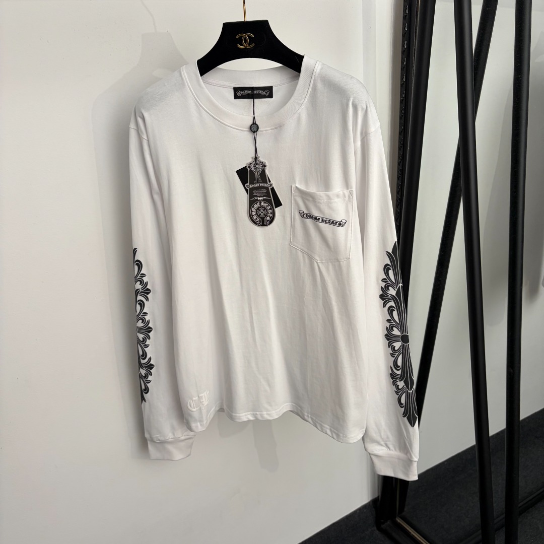 NO:943945,Model No. 20266125 Chrome Hearts* new cross-flower Sanskrit printed single pocket cotton long-sleeved T-shirt, white, SML, [M size shoulder width 46, chest 100, sleeve length 69, length 68; weight 0.260kg], Chrome Hearts-clothing, chrome hearts, tees, t-shirt,19860909款号20266125 克罗心*新款 十字花梵文印花单口袋纯棉长袖T恤,白色,SML,【M码肩宽46,胸围100,袖长69,长68；重量0.260kg】,克罗心-服装,chrome hearts,tees，t-shirt,,Women's clothing