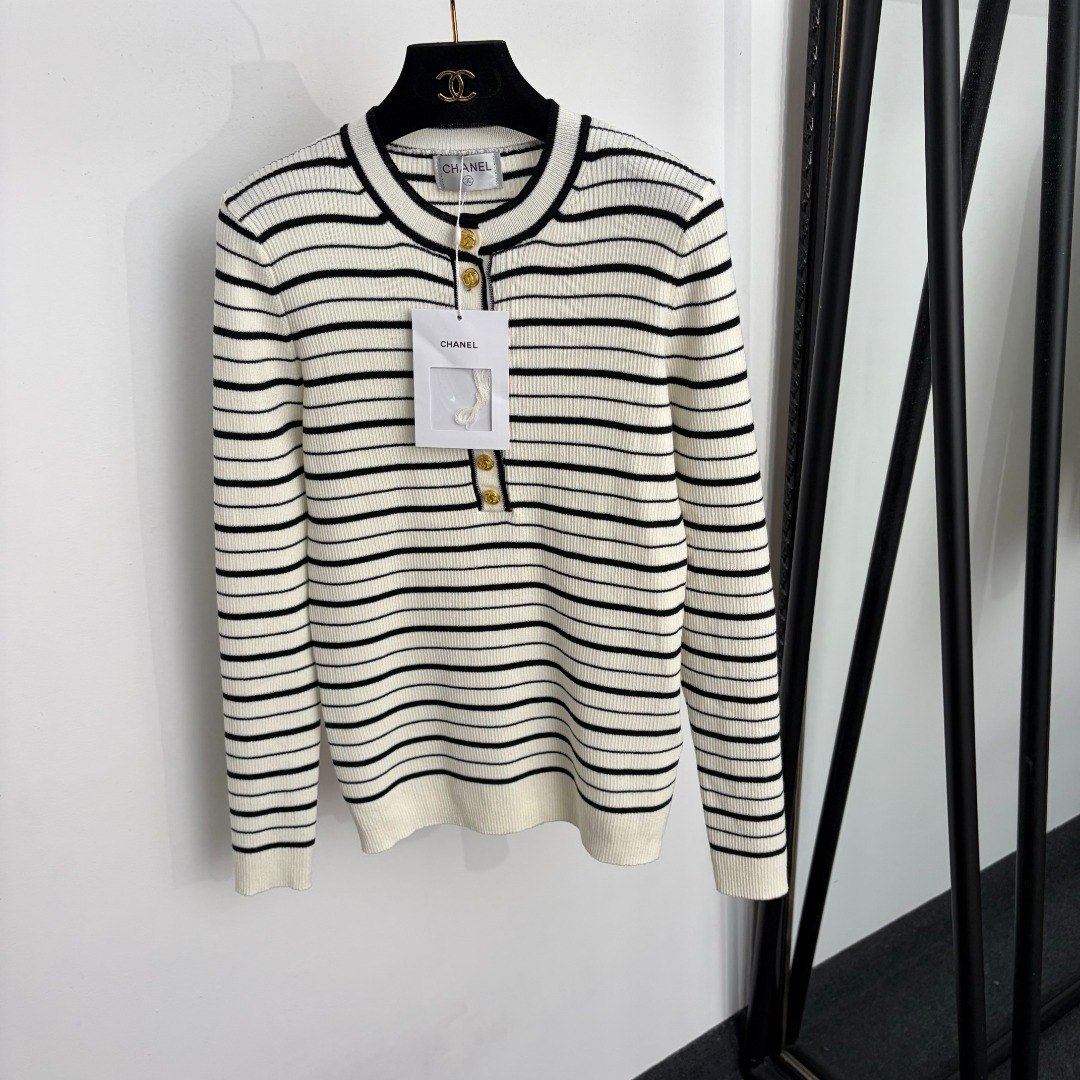 chanel striped half button knit pullover