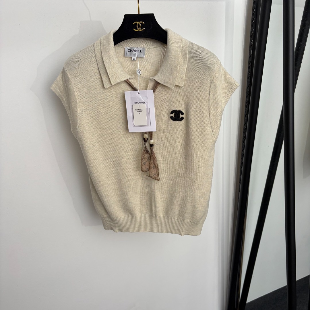 chanel logo embroidered scarf collar knit top