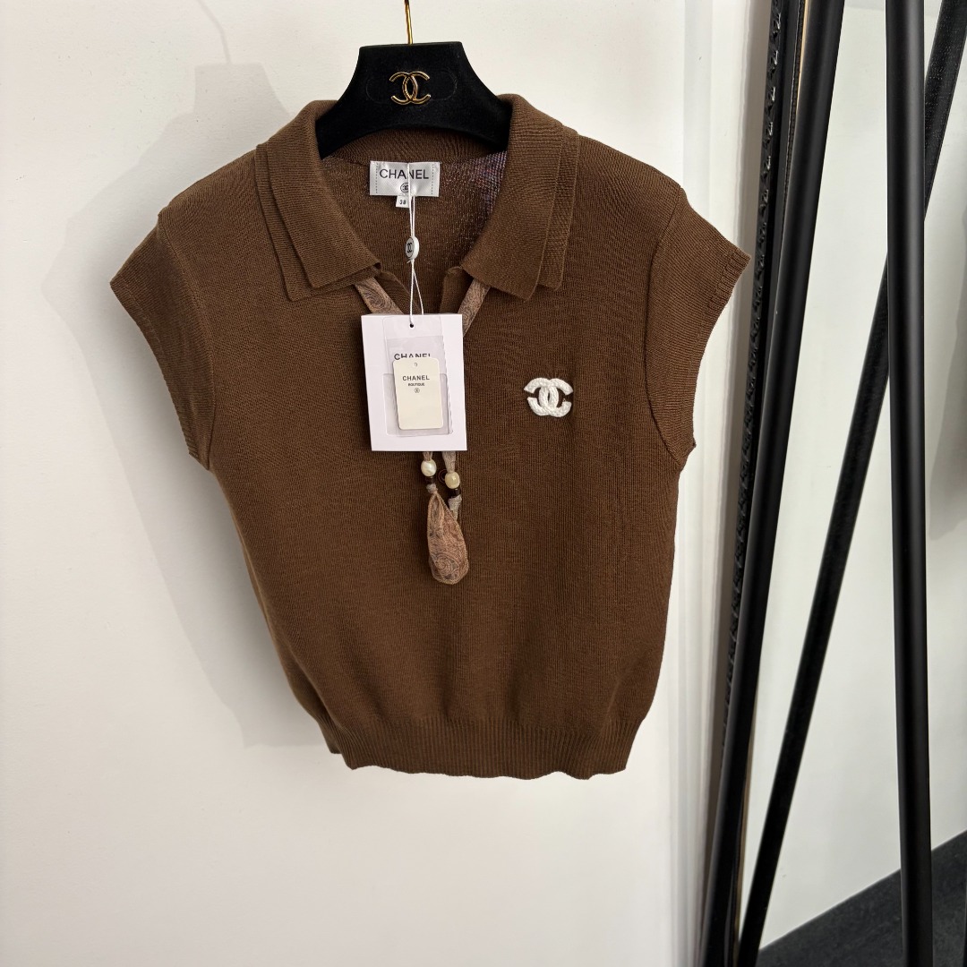 chanel logo embroidered scarf collar knit top