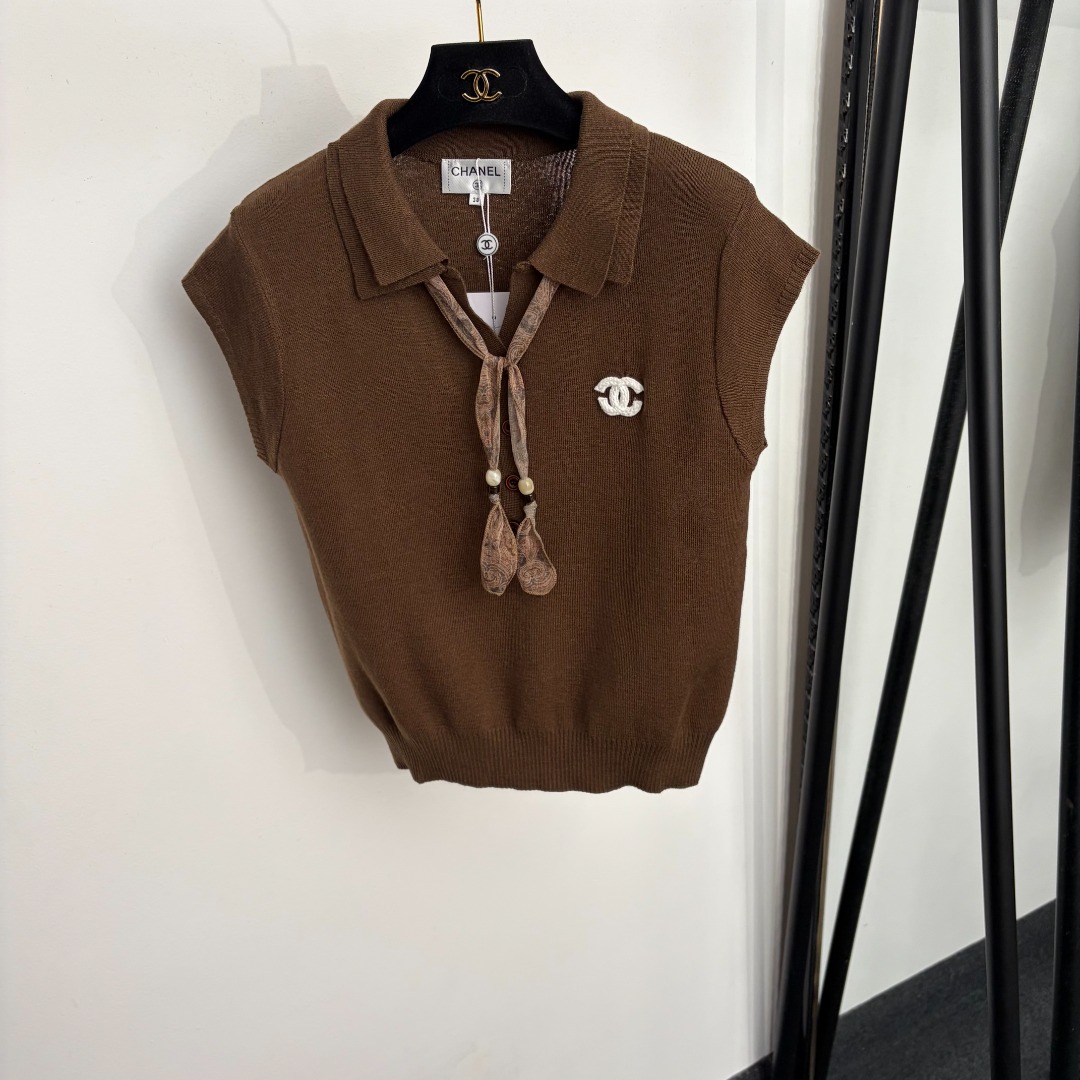 chanel logo embroidered scarf collar knit top