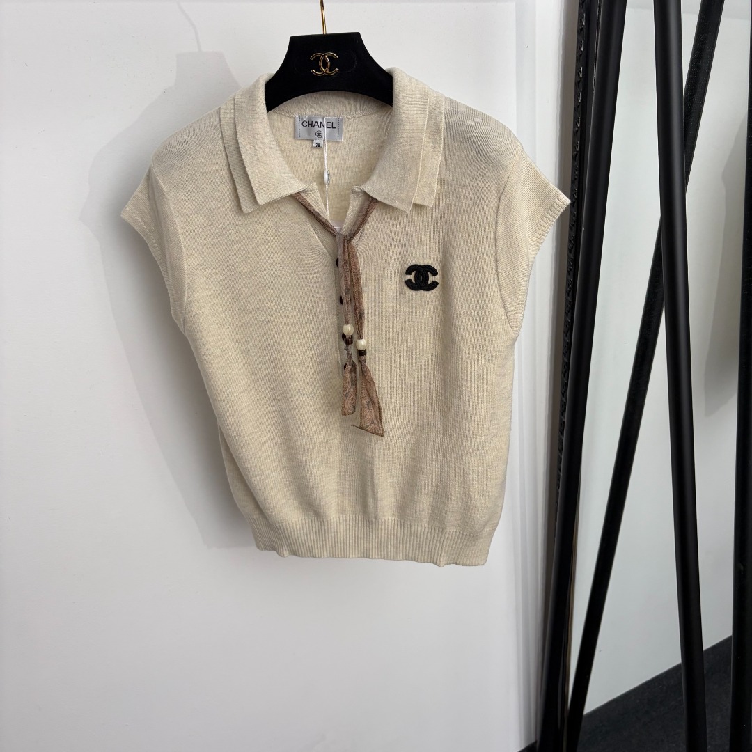chanel logo embroidered scarf collar knit top